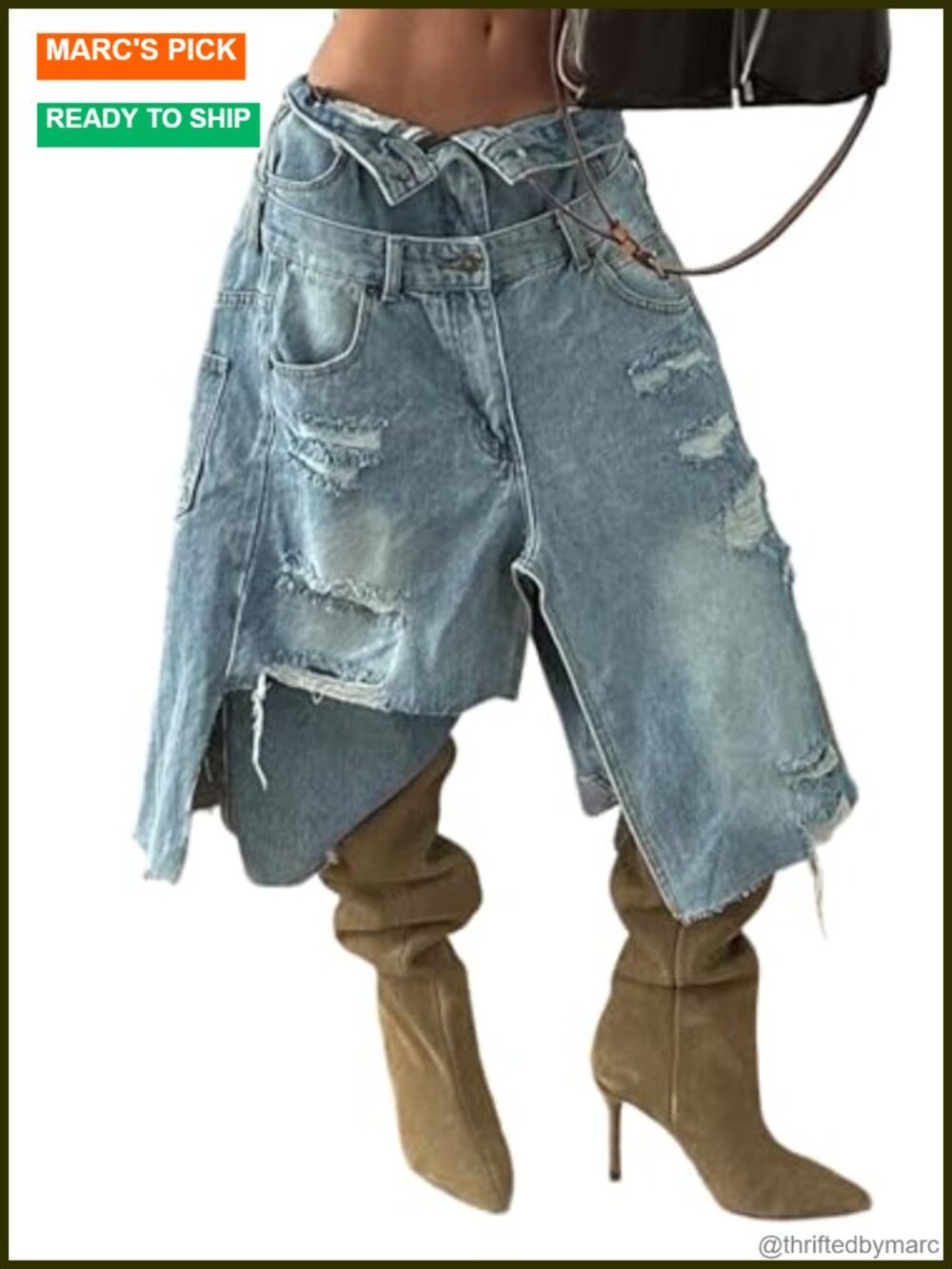 Womens Ripped Capri Jeans Irregular Patchwork Denim Wide Leg Cropped